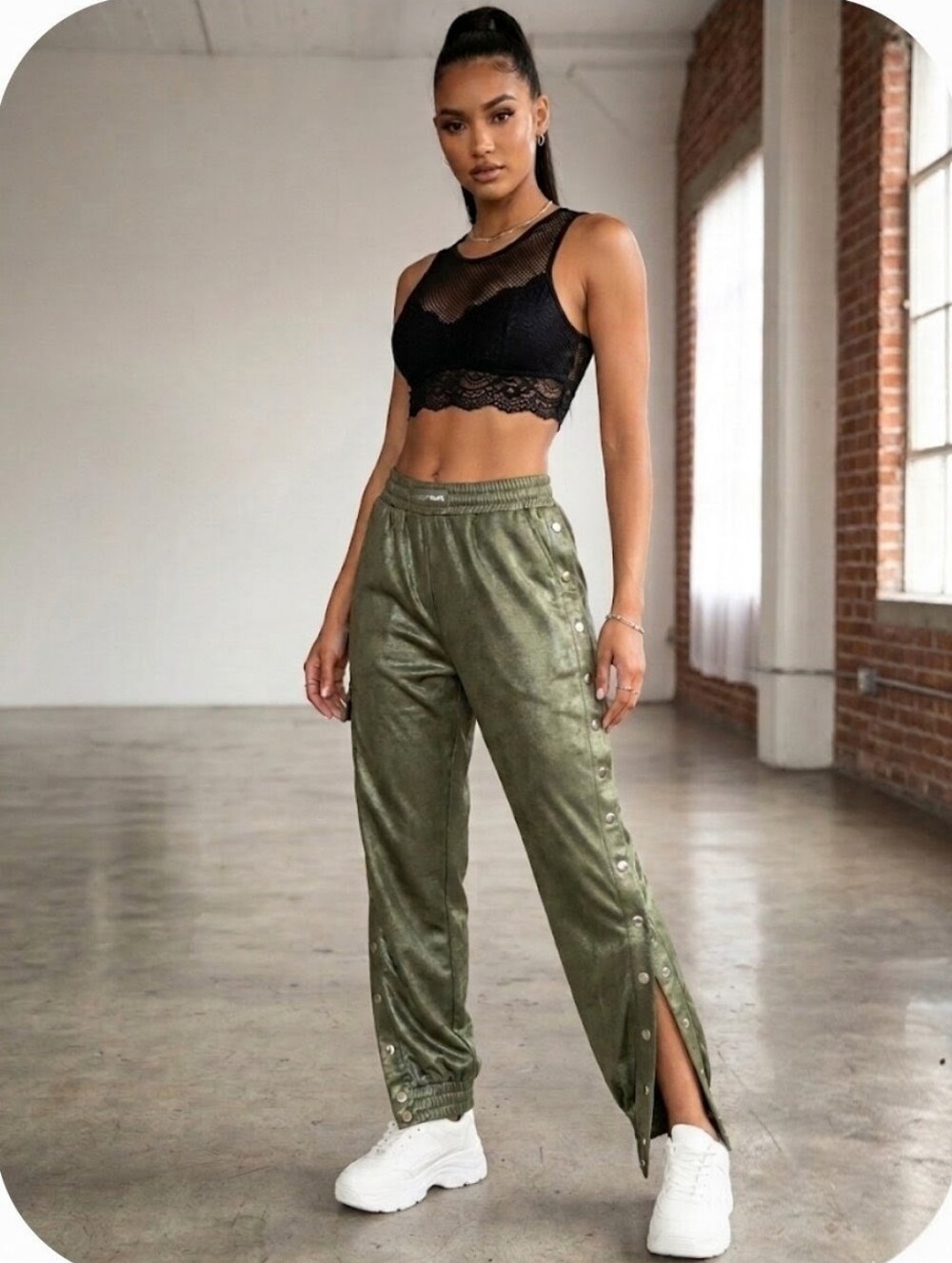 Fashion Nova Olive Green Snap-Button Joggers
